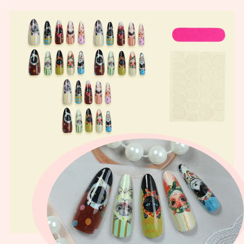 【Buy 1 Get 2】Funky Hand-Painted Cute Cat Design Glitter Pearl Ombre Press-On Nails Set Pack - Female Nails with Gel-Like Finish, Blue-Pink, Stiletto-Almond-Coffin Shapes, Handmade, Custom Sizes, Apply Glue, Lasts Longer, Gift for Women