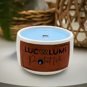 LUCELUMI Protect Me Evil Eye Candle - Coconut Apricot Wax with Crackling Wooden Wick - Evil Eye Protection Charm - 8 oz Ceramic Vessel