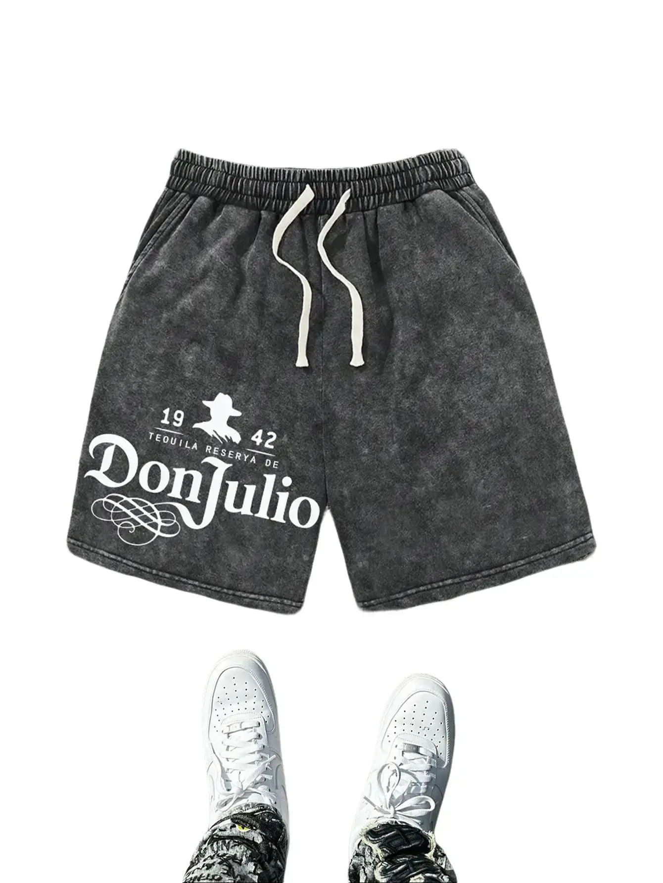 Men’s summer DonJulio athletic shorts with letter print, made from washed cotton—casual style with a loose fit, featuring a drawstring waist and pockets; retro street style with 2000s vibes. Suitable for running, golf, fishing, basketball, camping, gym wo