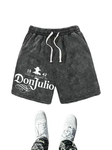 Men’s summer DonJulio athletic shorts with letter print, made from washed cotton—casual style with a loose fit, featuring a drawstring waist and pockets; retro street style with 2000s vibes. Suitable for running, golf, fishing, basketball, camping, gym wo