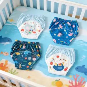 4 Pack Ice Silk Baby Potty Training Pants, Blue Cartoon Pattern, Breathable Comfort for 0-3 Year Olds, Ideal Gift for New Parents