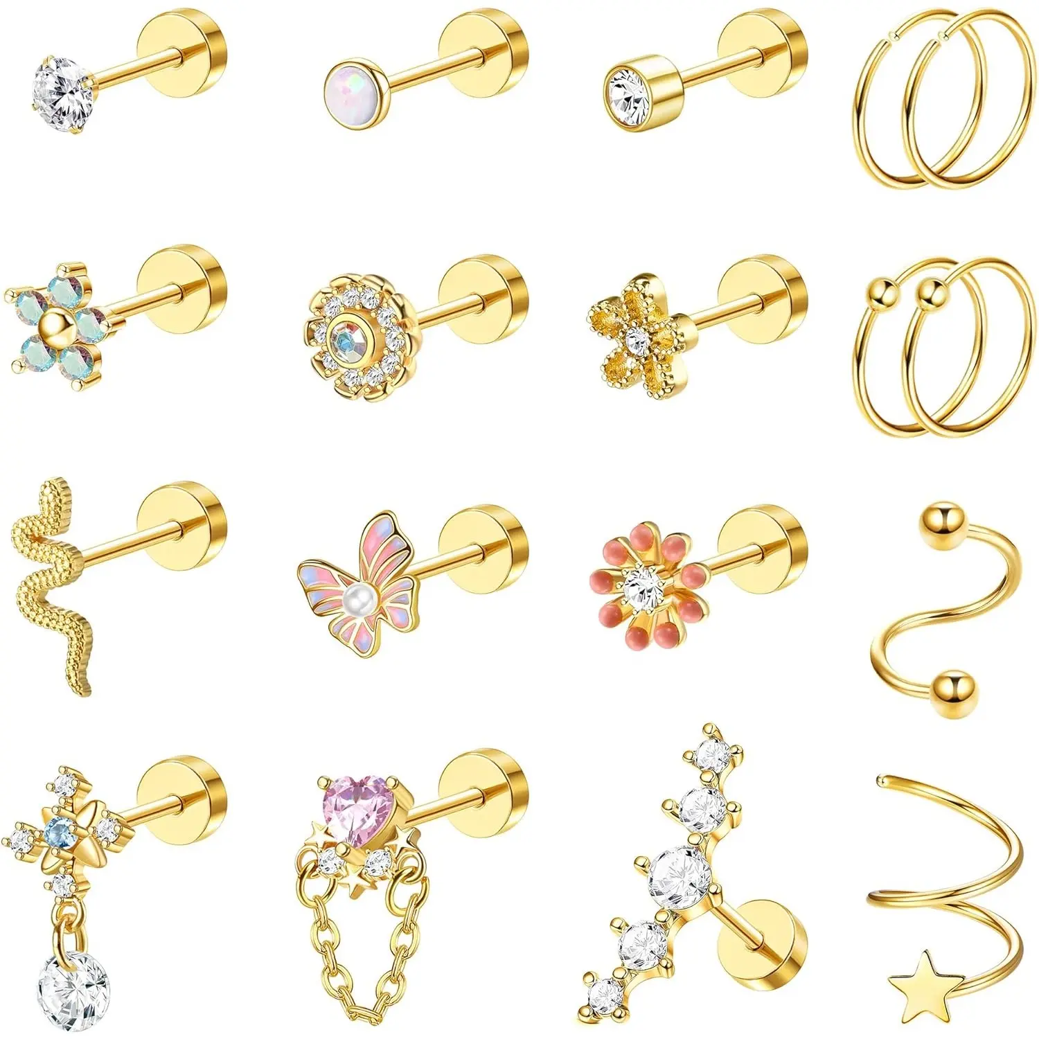 Milacolato 18PCS Nickel-Free Steel Cartilage Earrings for Women - Flat Back Flat Studs, Minimalist Couch Hoops, Opal Flower Snake CZ Designs for Helix Tragus Piercings, Earring Stack & Daily Wear