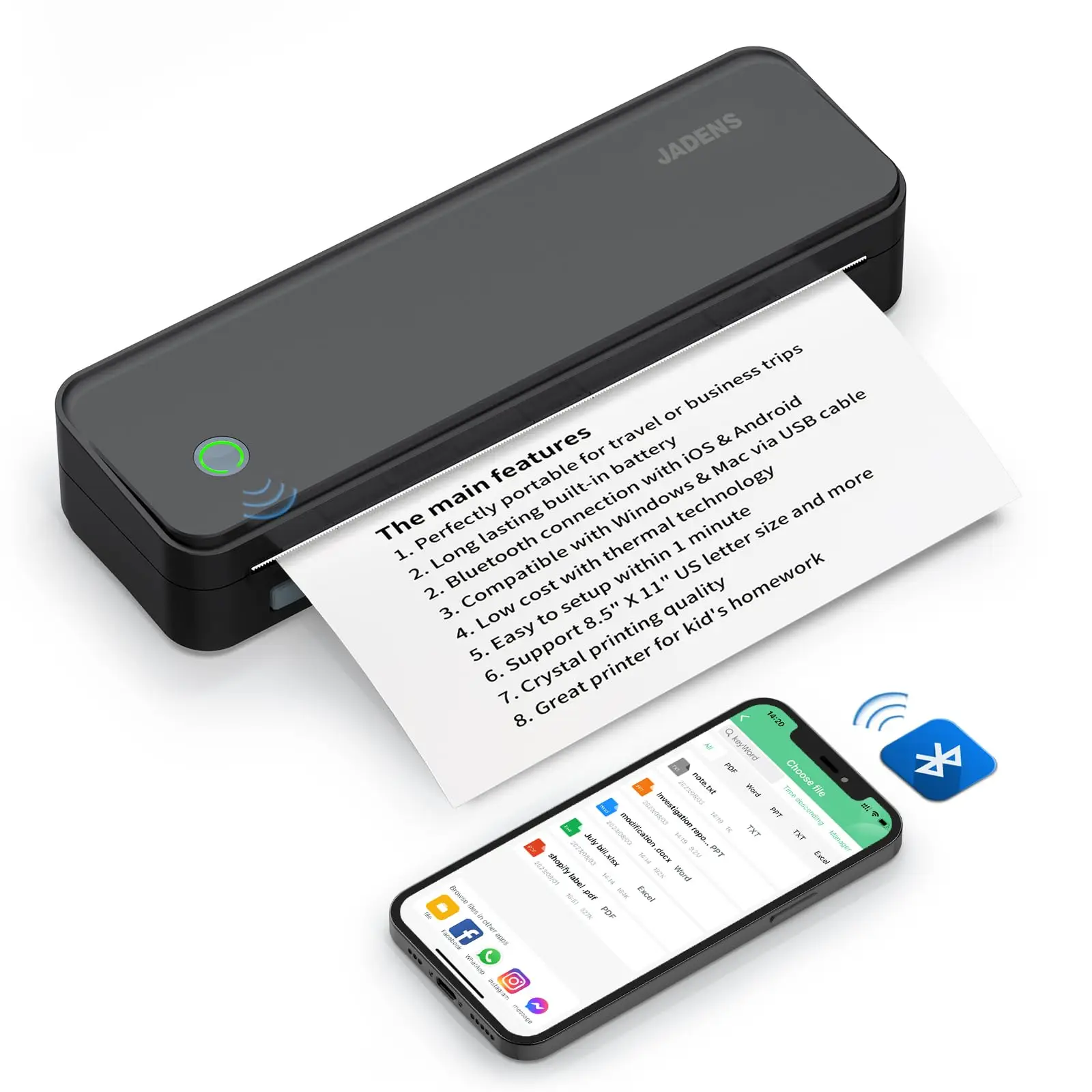 JADENS Portable Printers Wireless for Travel, Support 8.5" X 11" US Letter, Bluetooth Thermal Printer Compatible with Phone & Laptop
