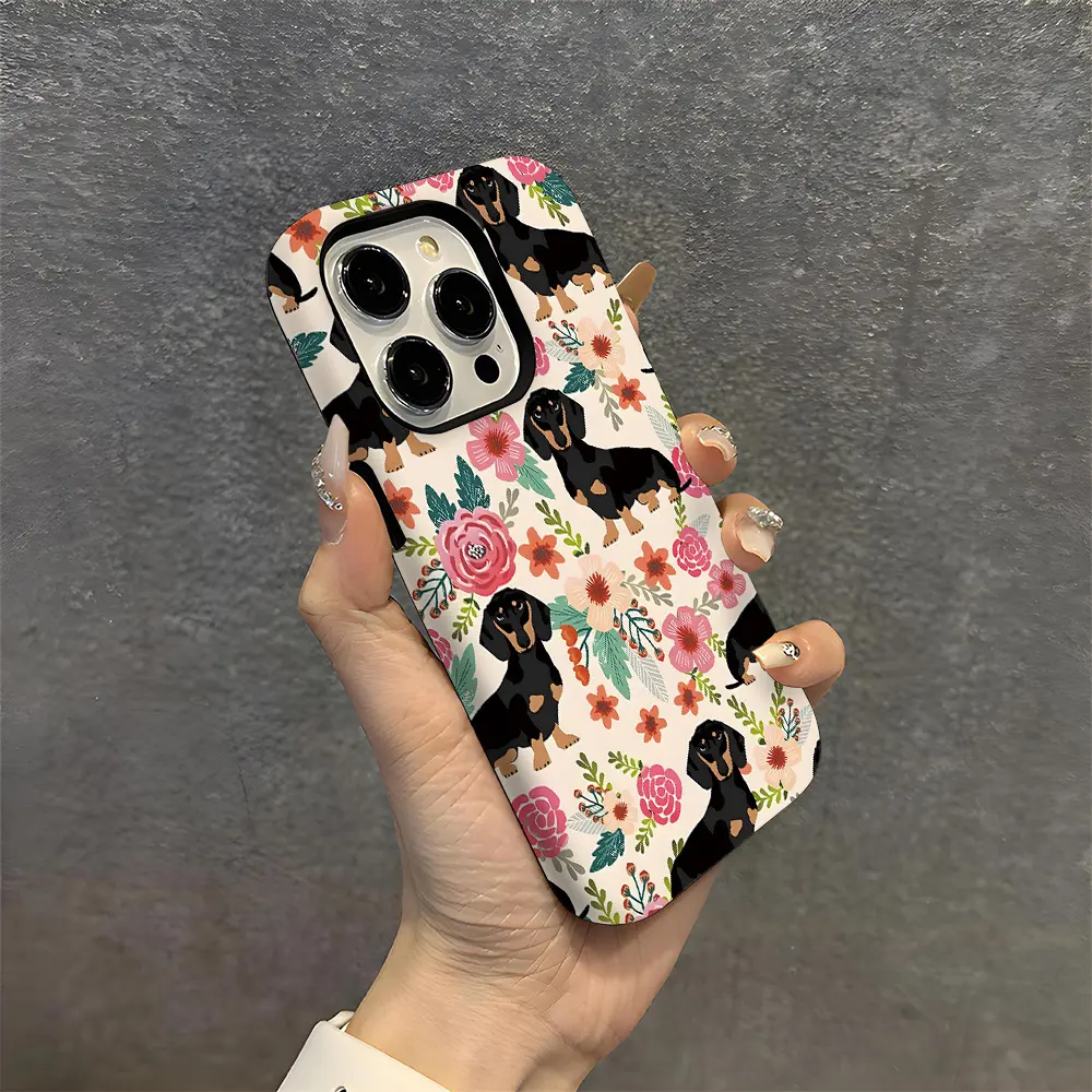 One dachshund floral design, stylish and simple double-layer protective case, sturdy and durable 2-in-1 case, compatible with iPhone 17/16/15/14/13/12/11 Pro Max/Plus/Pro, Samsung Galaxy S25/S24/S23 Ultra series, couple's phone case.