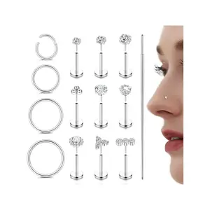 Fansilver 14K Plated Gold Filled Nose Rings - 316L Steel CZ Threadless Studs for Women & Men - Push-in Flat Back Nose Rings for Nostril, Tragus, Helix Piercing