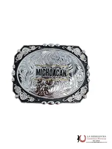 La Herradura Western Wear Black & Silver Michoacan State Buckle 13 Cowboy Cowgirl Western Leather Belt with Rhinestone Decor