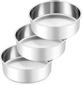 8 Inch Cake Pan, Stainless Steel Circle Baking Pans Set, 3 count Round Layer Cake Tin for Wedding Birthday, Even Heating, Non  & , Heavy-Duty, Dishwasher Safe