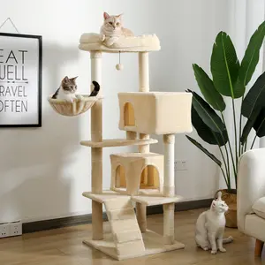 56.2" Indoor Multi-Level Tower for Cats with Oversized Top Perch, Hammock and Sleeping Bag, Scratching Post and 2 Apartment Rooms