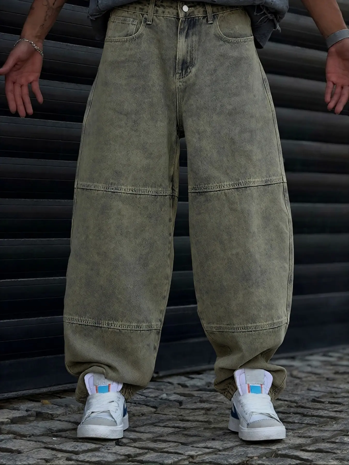 Vintage washed distressed patchwork design with curved blade Denim jeans, horizontal split three-dimensional stitching technology, loose fit, essential for trendy and cool street style outfits Pants Streetwear
