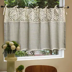Vintage Buffalo Plaid Valance Stitching Crochet Kitchen Short Curtain Tier Light Filtering Rustic Half Window Drapes for Cafe Bathroom, Tab Top 1 Panel (W39 X L20 Inch, Light Coffee)