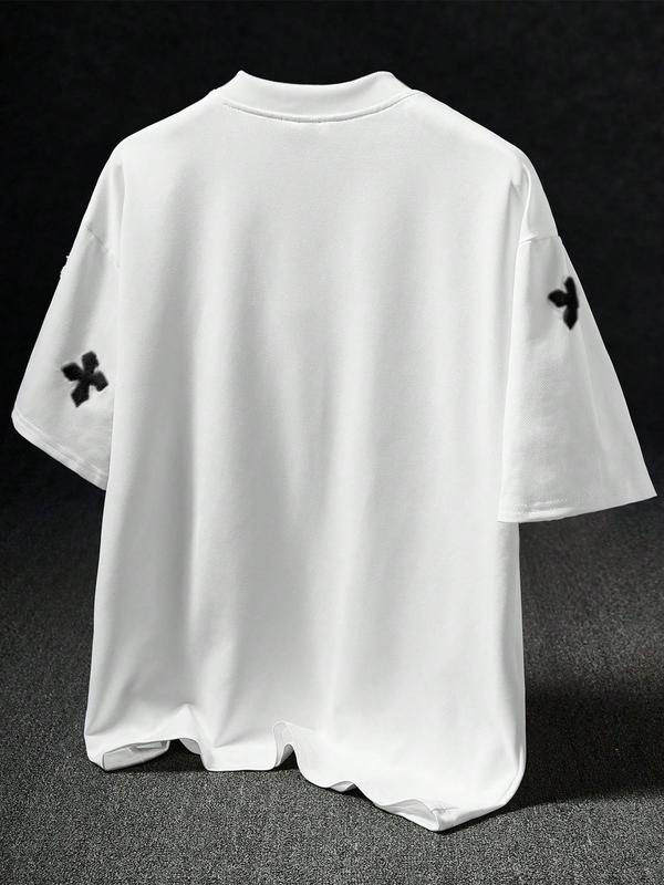 Men's Cross Stitch Embroidered Solid Color Round Neck T-Shirt, Casual Fit Streetwear, Casual Fitted Long Sleeve Top for All Seasons, Sporty College Style