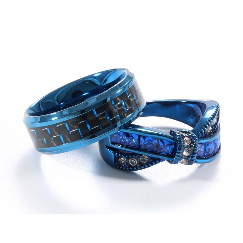 Ringcrown Couple Rings Blue Matching Rings Princess Cut AAA CZ Women Wedding Ring For Him And Her Men Titanium Steel Wedding Band