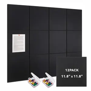 Large Cork Bulletin Board for Wall " x 35", 12 Pack Black Felt Pin Board with 60 Pushpins and 72 Safe Removable Adhesive Tabs, Felt Wall Tiles for Office(Black)