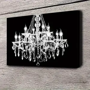 1 Piece Elegant White Crystal Chandelier Canvas Wall Art, Black Background - Modern Art Decoration, Suitable for Living Room, Bedroom or Office, Wrapped Canvas Frame, Ready to Hang, Chandelier Wall Decoration, Bedroom Decoration, Elegant Design, 2D Flat