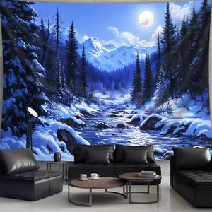 1 Piece - Extra Large Size - Tranquil Snowy Forest Moon Landscape Photo Giant Digital Print Tapestry, Polyester Aesthetic Print Hanging Cloth, Living Room Bedroom Office Home Room Party Decoration, Wall Decoration, No Installation Needed