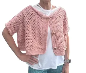 Crochet Clatch Cropped Cardi 'C' Cubed - Pink Boho Style Short Sleeve Knit Jacket for Women Casual Ombre Pattern 3/4 Sleeve 100% Cotton Handmade Original Fit Knitwear