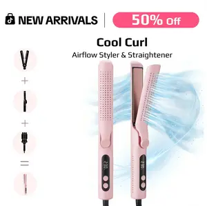 Cool Curl Airflow Styler 2 in 1 Hair Straighteners & Curling Irons, 360° Cool Air Design, LED Temp Display 100‑230℃, Adjustable Heat Flat Iron & Curler for All Hair Types, Pink, Lightweight, Salon at home, flat iron,plancha de cabello,crimper for hair tik