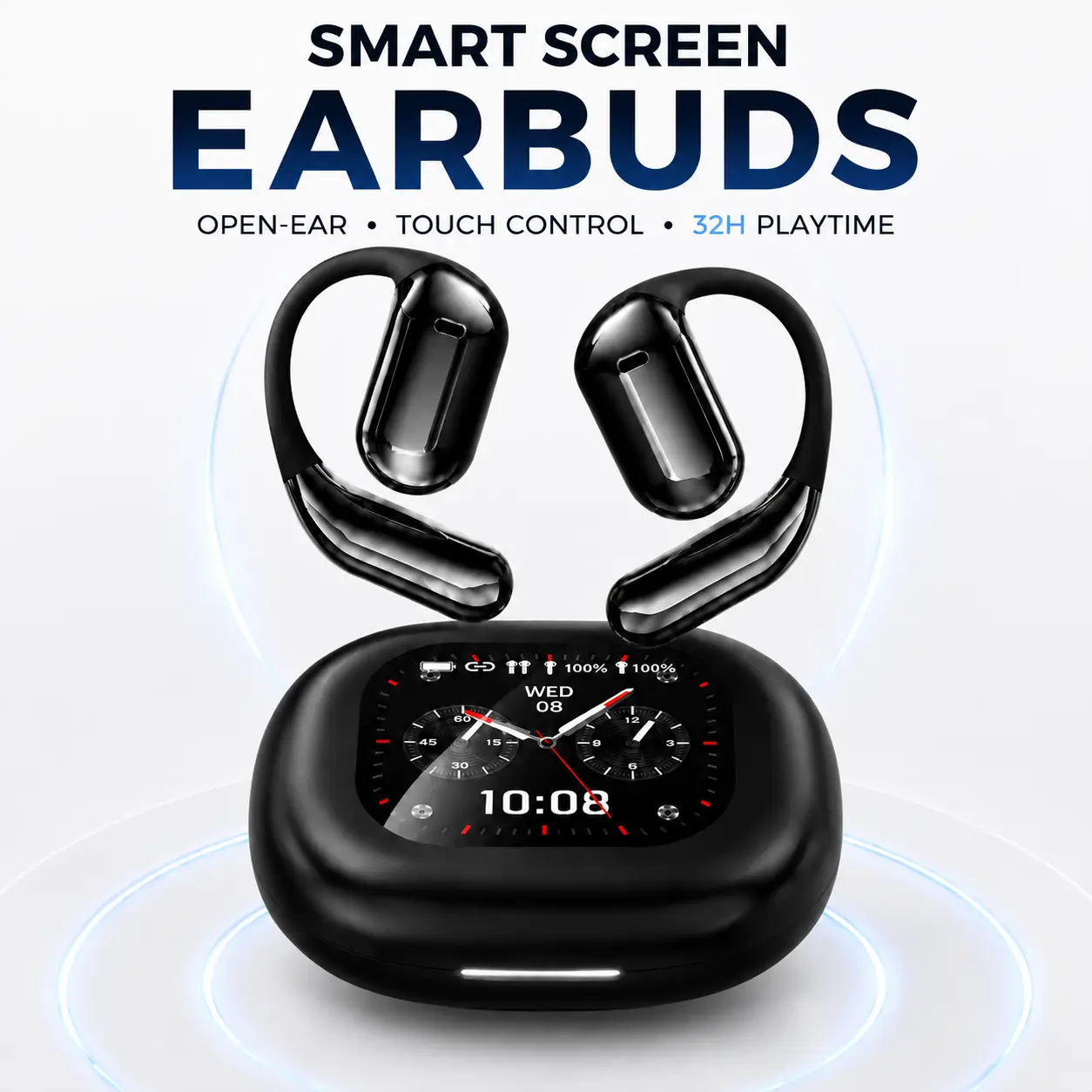 Open Ear Smart Screen Bluetooth 5.4 Wireless Earbuds - Touch Control Display, Low Latency Gaming Audio, 32H Long Battery Life, Waterproof Mobile Audio, 3.5mm Compatibility