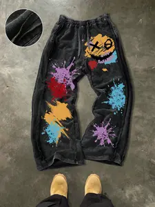 Men's Casual Loose Cotton Graphic Pants, Smiley Graffiti Print, Street Style, Drawstring Waist, Ankle Length, Perfect for Daily Wear and Gifts, Streetwear