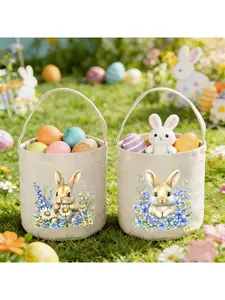 Easter Bunny Canvas Basket,Reusable Tote Bag with Handle, Perfect for Easter Egg Hunt, Candy Storage, Spring Home Decor, Ideal Gift for Family& Bunny Lovers, Gift Baskets