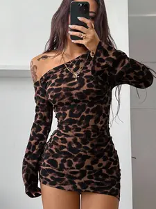 Women's Spring New Year Eve Date Night Rib Knit Ruched Asymmetrical Neck Slim Fit Skirts,Cheetah Print