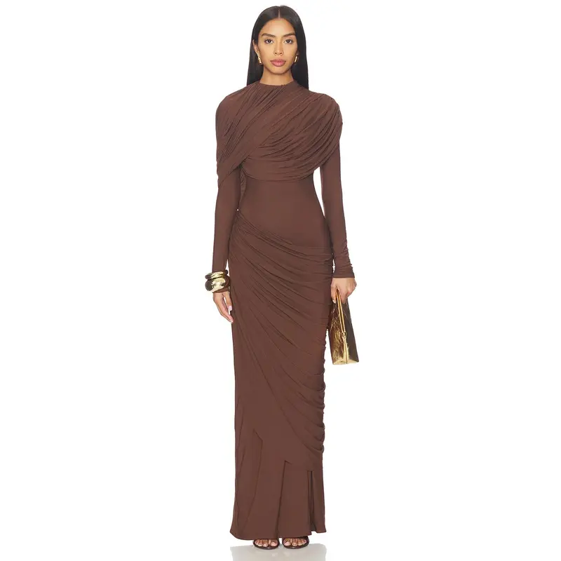 brown dress ariana grande Chocolate Polka Dot Lace Bust Cap Sleeve Maxi Dress main image 0