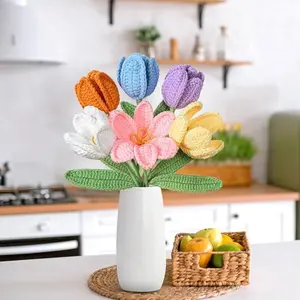 Handmade Crochet Tulip Bouquets TD5390935 - Realistic Layered Petals in Purple Blue Orange White Red - No Maintenance Fabric Flowers for Home Table Centerpieces Valentine's Day Mother's Day Wedding Party Decor Jumbo Christmas Themed Gift Bags Set Wooden C