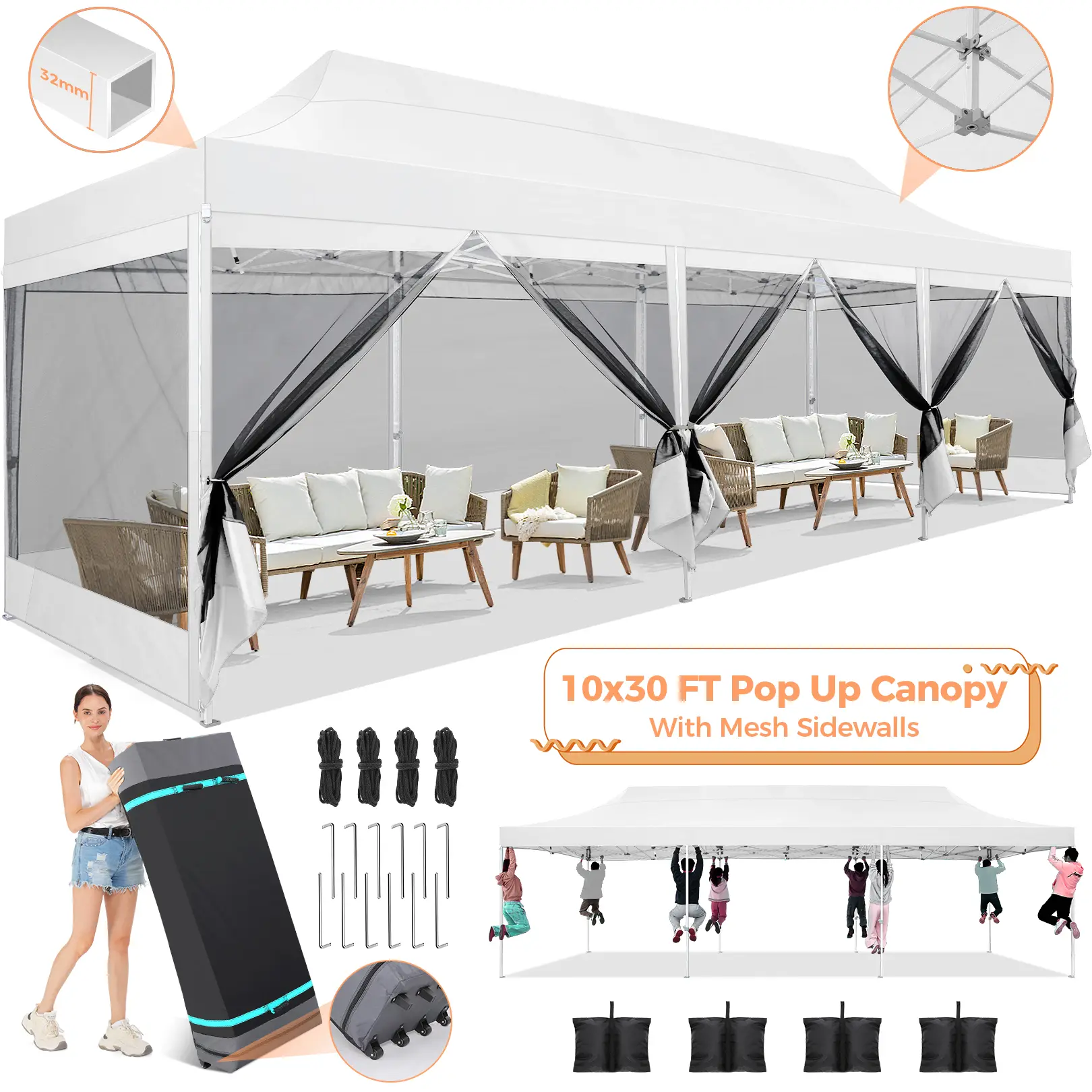 COBIZI 10x30 ft Heavy-Duty Structure Tent, Pop-Up Canopy with 8 Side Walls, Mosquito Net Mesh, 100% Waterproof, Easy-to-Set-Up for Weddings, Beaches, Includes Carry Bag, Sandbags, Heavy-Duty Structure Tents
