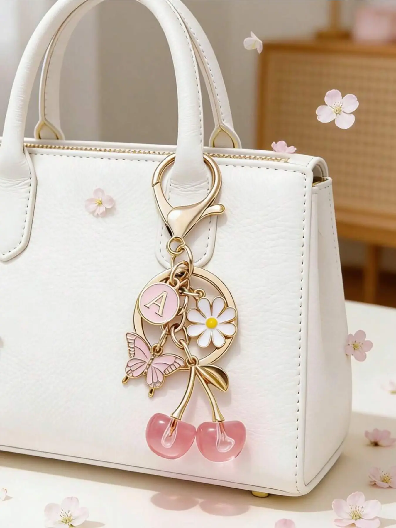 A pink cherry blossom and butterfly keychain, with A-Z letter pendants, flower and butterfly decorations, round ring suitable for women's bags/wallets/car keys - birthday/Christmas/anniversary gift