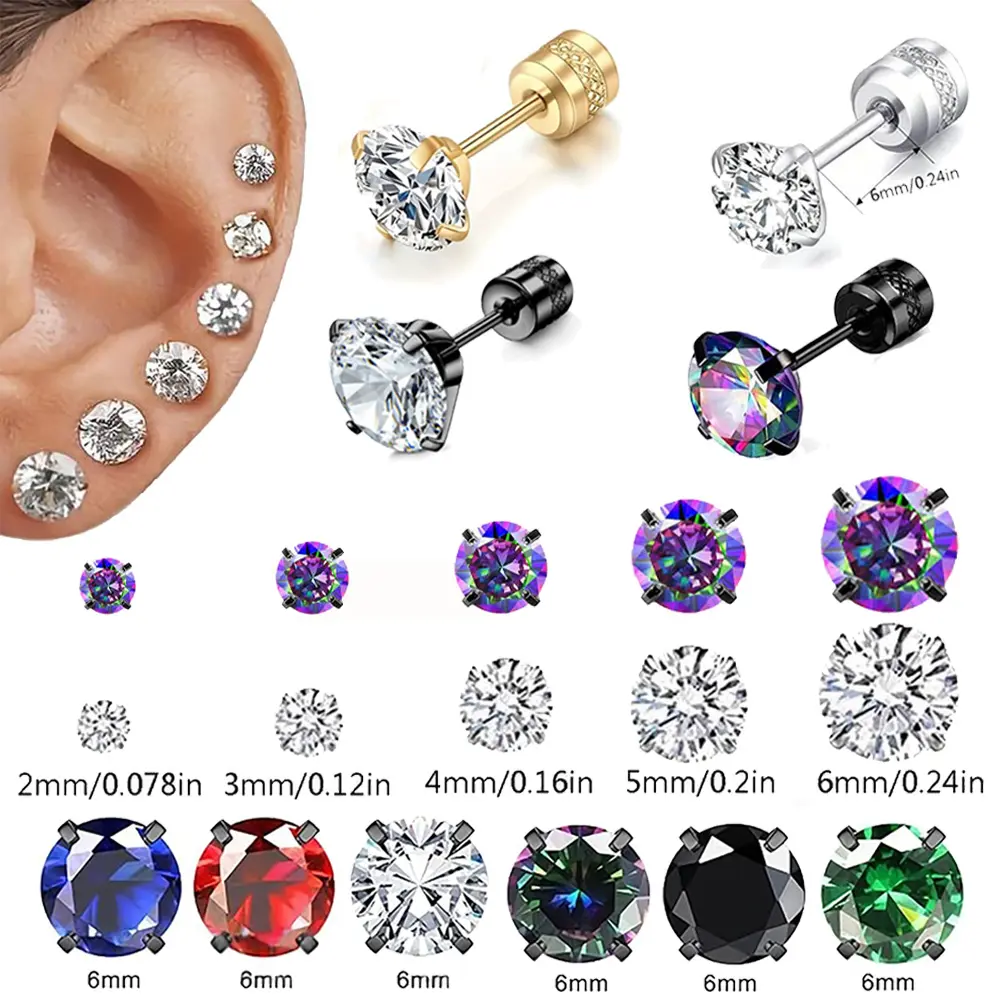 Titanium Earrings Studs for Women Men, 5/6 Pairs Hypoallergenic Screw Back Earrings with Cubic Zirconia, Multi-Size 2mm-6mm, Twist Back Ear Piercing Studs for Sensitive Ears Helix Tragus