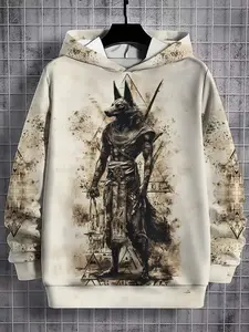 Men's Loose Fit Hoodie, Egyptian God Anubis Headprint Trendy Sweatshirt, Casual Fall & Winter Couple Jacket, Fashionable Unique Style
