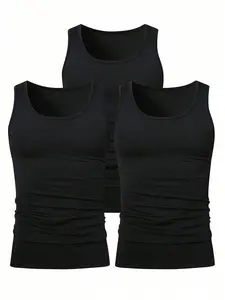 Men's 3-Pack Classic Black Sleeveless Tank Tops, Solid Color Slim Fit Vests For Gym, Running And Daily Wear, Gymwear