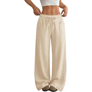 Womens Casual Linen Wide Leg Pants Flowy Drawstring High Waist Palazzo Beach Vacation Trousers