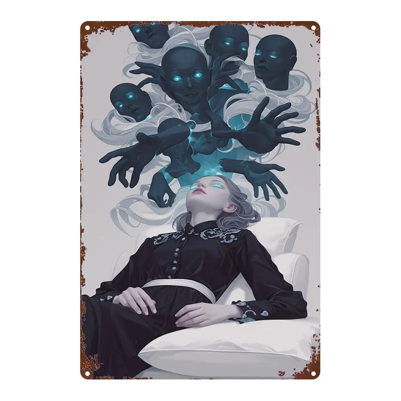 2D Flat, 1pc, Metal Sign, "Dream and Darkness Intertwined: Tin Artwork, 8x12 Inches (20x30cm) Square Metal Wall Hanging, Suitable for Home, Bar, Garage, Club, Restaurant, and Cafe, Perfect Room Decoration, 2D Flat, Wall Decoration, Restaurant Decor