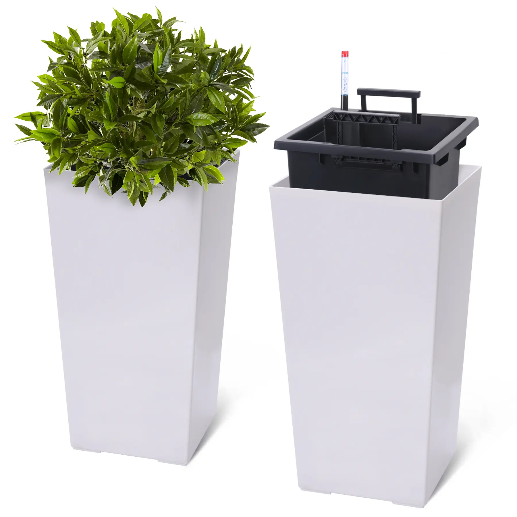A set of 2 Stylish 16-Inch Tall Large Flowerpots - Large Indoor/Outdoor Plant Pots, Equipped with an Automatic Watering System, Drainage Holes, Water Level Indicator and Detachable Inner Bucket - Suitable for use on Patios, Porches or Gardens