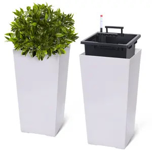 A set of 2 Stylish 16-Inch Tall Large Flowerpots - Large Indoor/Outdoor Plant Pots, Equipped with an Automatic Watering System, Drainage Holes, Water Level Indicator and Detachable Inner Bucket - Suitable for use on Patios, Porches or Gardens