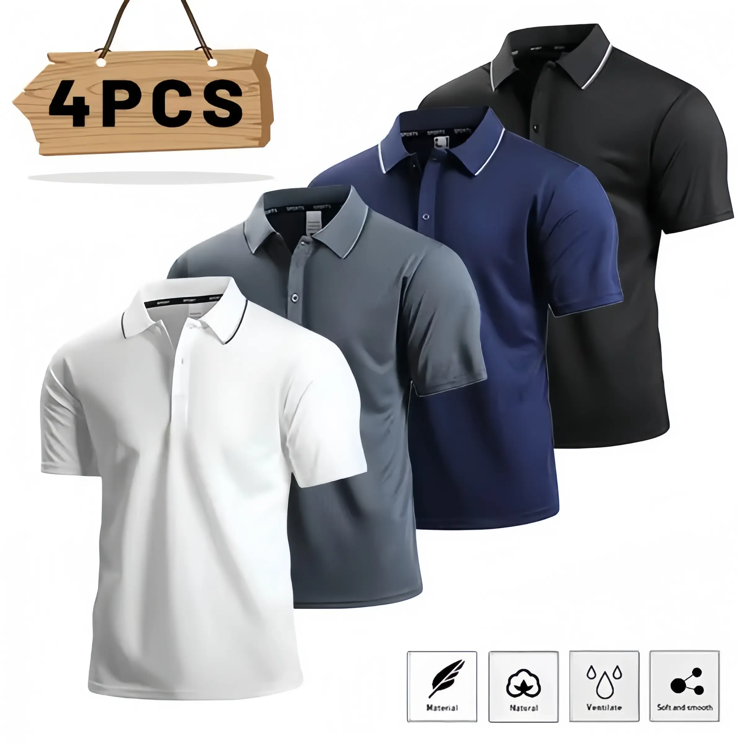 Men’s Shortsleeve Polo Shirts (4-Pack) - Menswear Tops, Plain Solid Colors, Soft Breathable Skin-Friendly Fabric, Relaxed Fit, Refined Elegant Look, Casual Everyday Outwear, Black + Dark Blue + Dark Gray + White