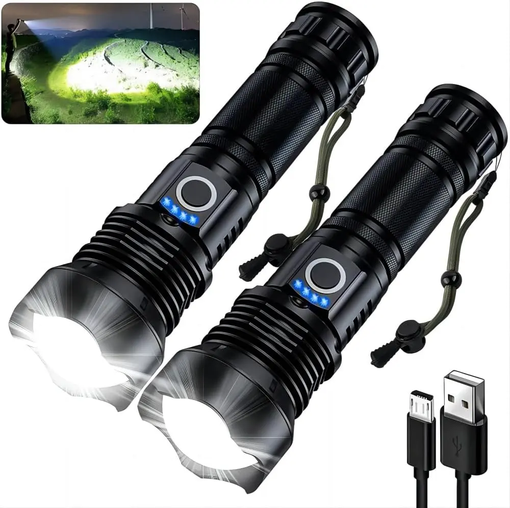 Rechargeable Flashlights 90000 High Lumens 2 Pack, Super Bright 12 Hours Long Life LED Flashlight with 5 Modes, High Powered Flash Light for Home, Outdoor