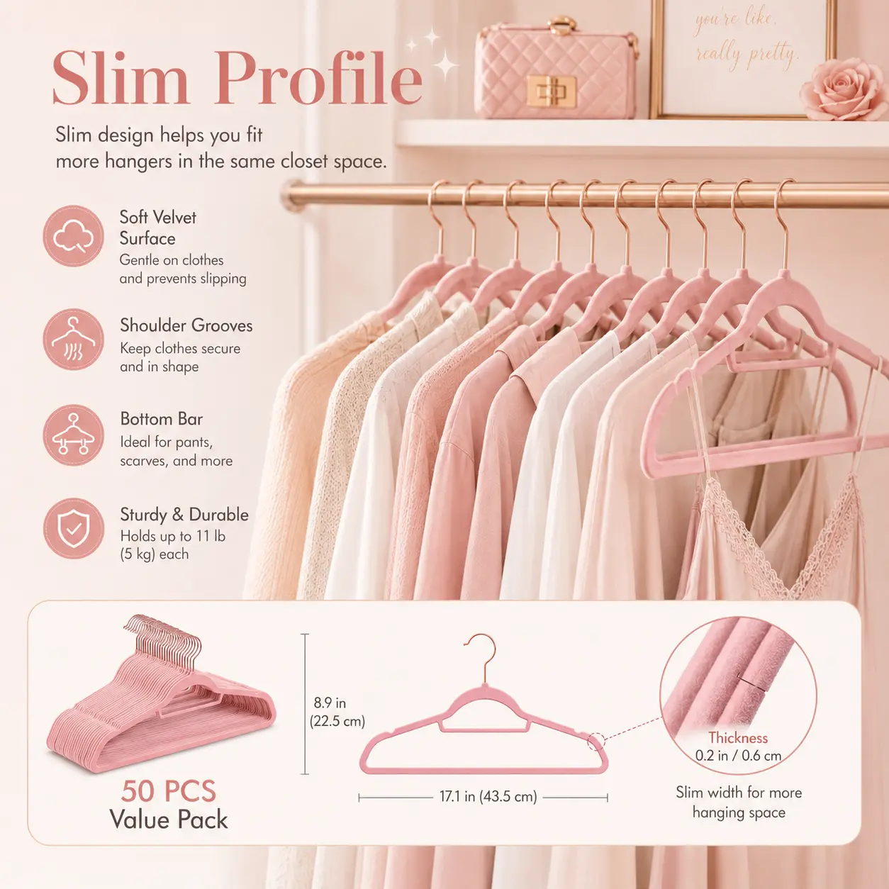 Slim Profile Velvet Hangers 50-Pack Soft Surface Shoulder Grooves Bottom Bar Sturdy Durable 11lb Capacity 8.9in Width