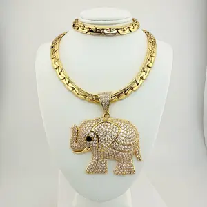 Necklace and Bracelet Set with Huge Elephant Pendant 20 Inches Chain Gold-Tone Jewelry Set Charms for Women