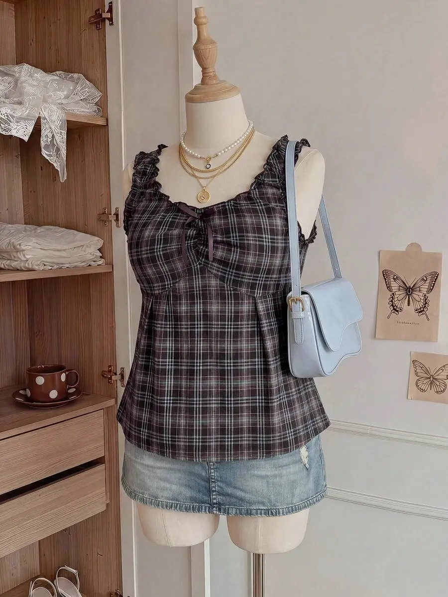 INAWLY Plus Size Sweet 90s Vacation Style Navy Blue Plaid Camisole With Bow Decor, Spring/Summer Date Night