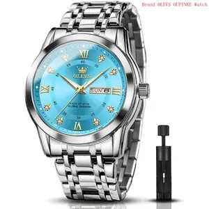 Brand OLEVS Watches for Men Stainless Steel Analog Quartz Chronograph Moon Phase Watch Waterproof Date Luminous Wrist Male Watches,Gift for Men