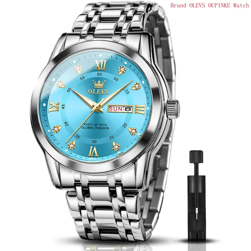 Brand OLEVS Watches for Men Stainless Steel Analog Quartz Chronograph Moon Phase Watch Waterproof Date Luminous Wrist Male Watches,Gift for Men
