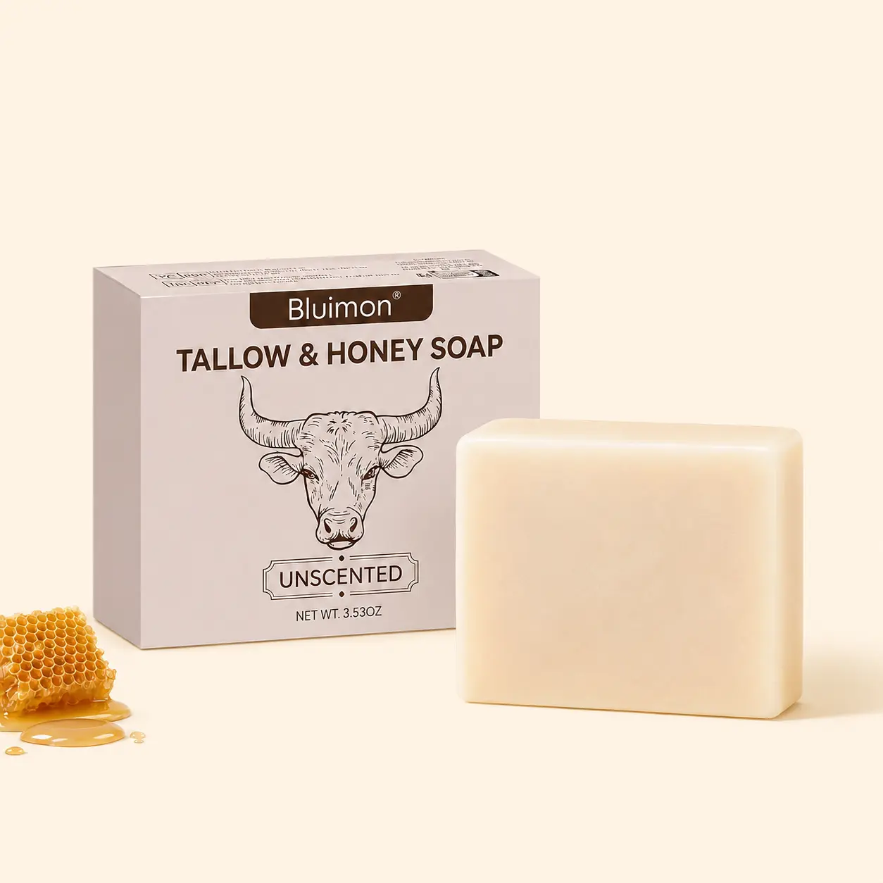 Unscented Beef Tallow Soap With Honey, Creamy Lather Bar For Everyday Hand Washing, Shower & Body Cleansing, 3.53 oz