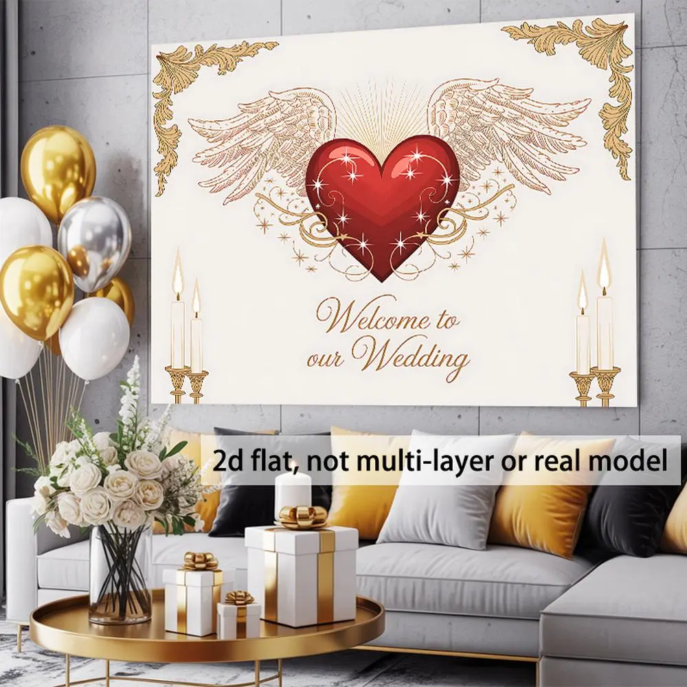 1PC European Retro Polyester 2D Flat Romantic Winged Heart Wedding Backdrop Banner, Party Decoration Supplies for Wedding Ceremony & Birthday Photo Background Cloth Wall Hanging