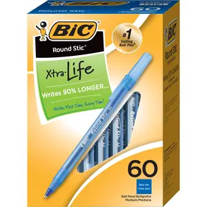 BIC Round Stic Xtra Life Ball Pen, Medium Point (1.0 mm), Blue, 60-Count