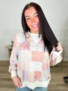 Constant Reminders Knit Long Sleeve Cream Avery Mae Top - Oversized Fit Floral Patchwork Print Soft Stretchy Material