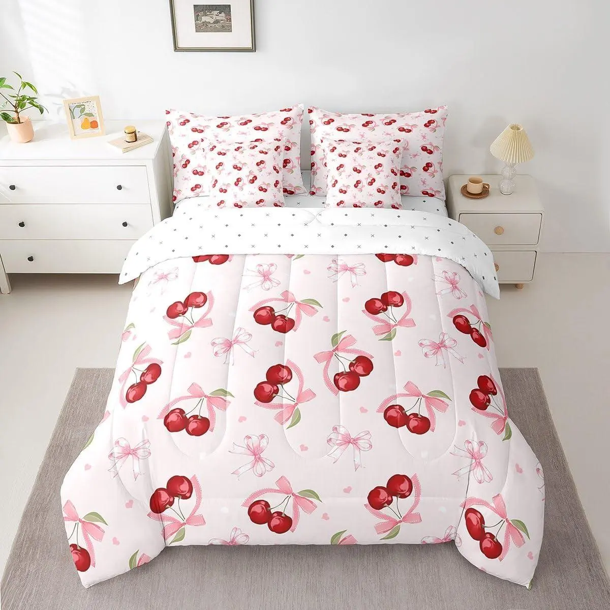 Bowknot Cherry Comforter Set with Sheets Kids Cherry Pattern Bed in a Bag for Boys Girls Teens Cute Fruit Baby Pink 7 Pieces Bedding Set