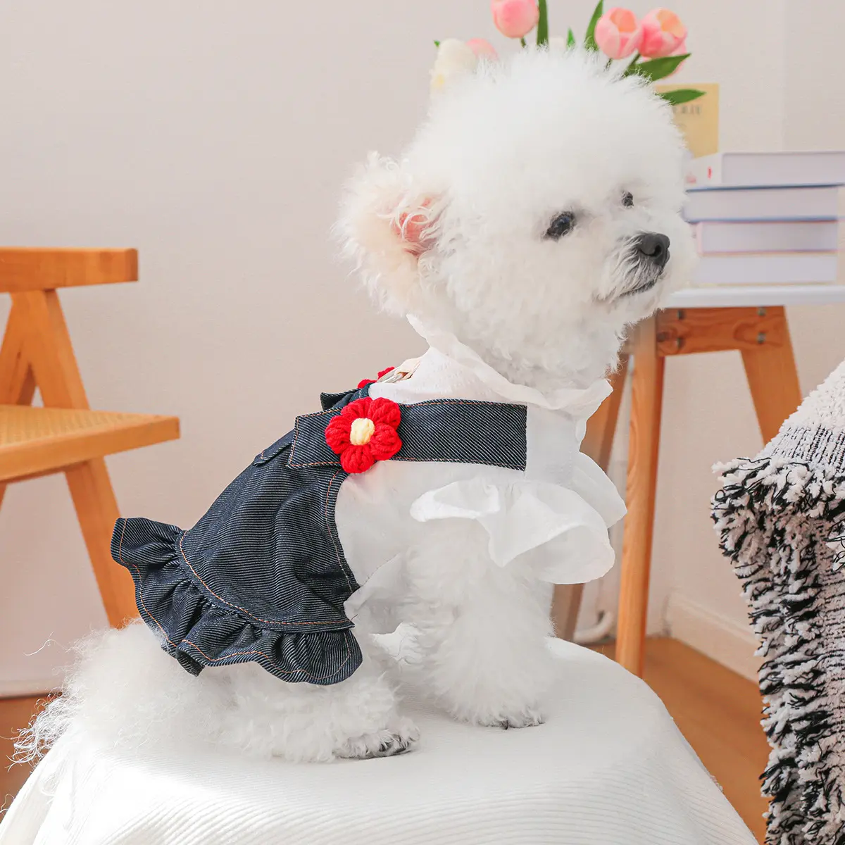 New Arrival Pet Denim Floral Dress - Spaghetti Strap Skirt with Pocket for Small & Medium Dogs, Cats (Spring-Summer)