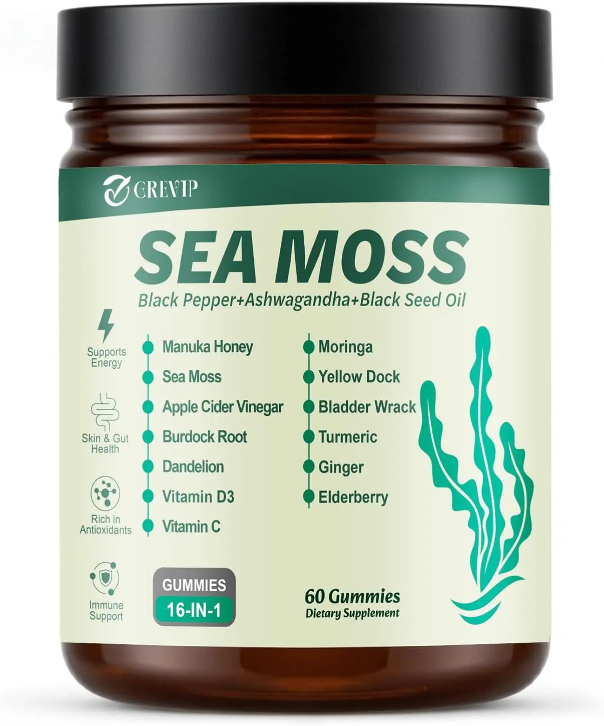 Sea Moss Gummies Chewable Dietary Supplement - 16-in-1 Vitamin C & D3 Comprehensive Nutrition Supplement with Black Seed Oil, Ashwagandha, Elderberry, Burdock Root, Boosts Immunity, Supports Wellness (60 Count)